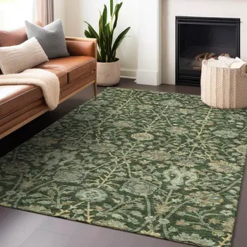 9' X 12' Green Tan And Gray Floral Washable Indoor Outdoor Area Rug