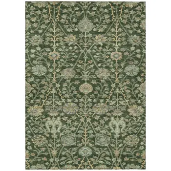 10' X 14' Green Tan And Gray Floral Washable Indoor Outdoor Area Rug
