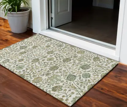 3' X 5' Ivory Green And Brown Floral Washable Indoor Outdoor Area Rug