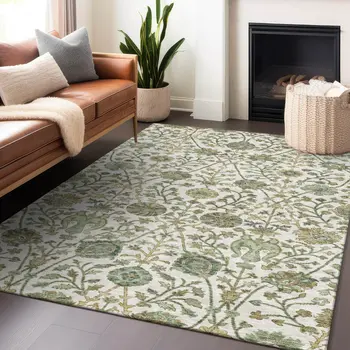 5' X 8' Ivory Green And Brown Floral Washable Indoor Outdoor Area Rug