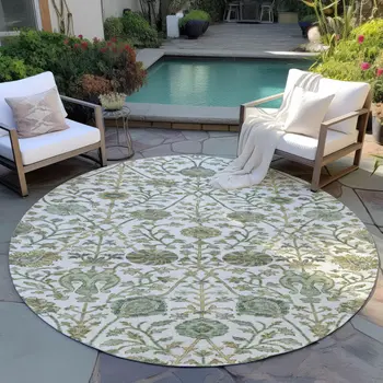 8' Ivory Green And Brown Round Floral Washable Indoor Outdoor Area Rug