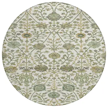 8' Ivory Green And Brown Round Floral Washable Indoor Outdoor Area Rug