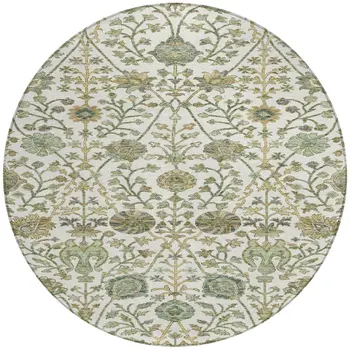 8' Ivory Green And Brown Round Floral Washable Indoor Outdoor Area Rug