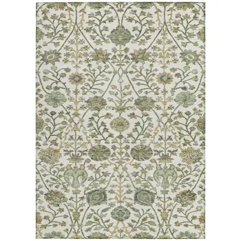 9' X 12' Ivory Green And Brown Floral Washable Indoor Outdoor Area Rug