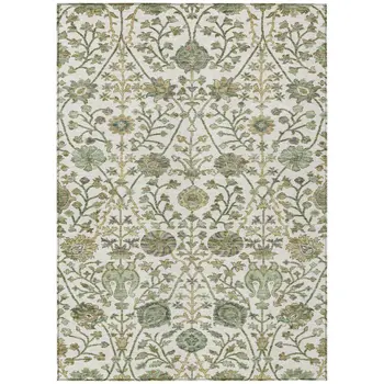 9' X 12' Ivory Green And Brown Floral Washable Indoor Outdoor Area Rug