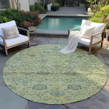 8' Mint Green Brown And Gray Round Floral Washable Indoor Outdoor Area Rug