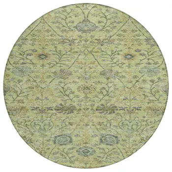 8' Mint Green Brown And Gray Round Floral Washable Indoor Outdoor Area Rug