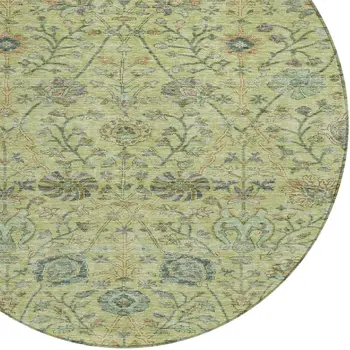 8' Mint Green Brown And Gray Round Floral Washable Indoor Outdoor Area Rug