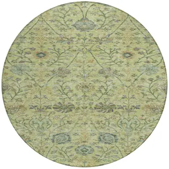 8' Mint Green Brown And Gray Round Floral Washable Indoor Outdoor Area Rug