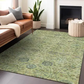 8' X 10' Mint Green Brown And Gray Floral Washable Indoor Outdoor Area Rug