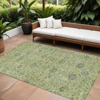 10' X 14' Mint Green Brown And Gray Floral Washable Indoor Outdoor Area Rug