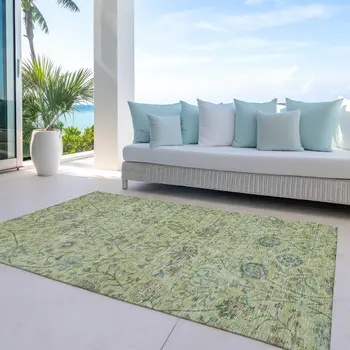 10' X 14' Mint Green Brown And Gray Floral Washable Indoor Outdoor Area Rug