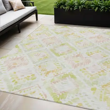 5' X 8' Pink Green And Beige Geometric Washable Indoor Outdoor Area Rug