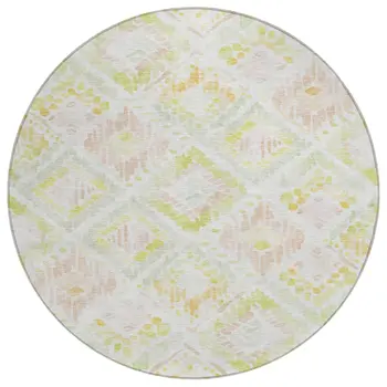 8' Pink Green And Beige Round Geometric Washable Indoor Outdoor Area Rug