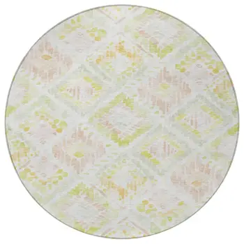 8' Pink Green And Beige Round Geometric Washable Indoor Outdoor Area Rug