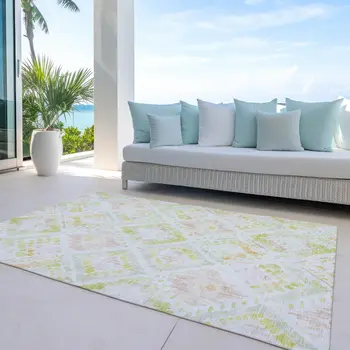 9' X 12' Pink Green And Beige Geometric Washable Indoor Outdoor Area Rug