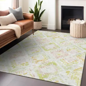10' X 14' Pink Green And Beige Geometric Washable Indoor Outdoor Area Rug