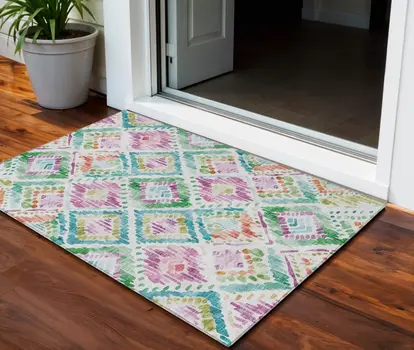 3' X 5' Teal Blue Green And Purple Geometric Washable Indoor Outdoor Area Rug