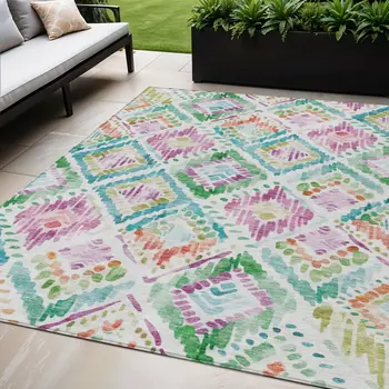 5' X 8' Teal Blue Green And Purple Geometric Washable Indoor Outdoor Area Rug
