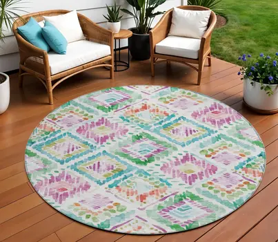 8' Teal Blue Green And Purple Round Geometric Washable Indoor Outdoor Area Rug