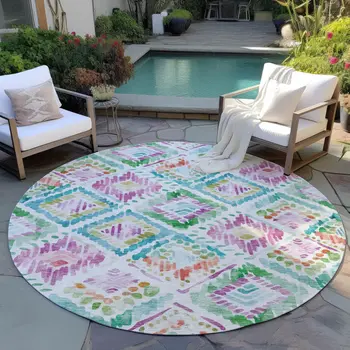 8' Teal Blue Green And Purple Round Geometric Washable Indoor Outdoor Area Rug