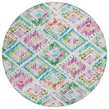 8' Teal Blue Green And Purple Round Geometric Washable Indoor Outdoor Area Rug