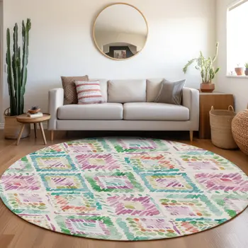 8' Teal Blue Green And Purple Round Geometric Washable Indoor Outdoor Area Rug