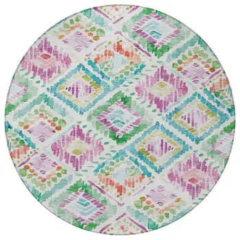 8' Teal Blue Green And Purple Round Geometric Washable Indoor Outdoor Area Rug