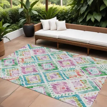 10' X 14' Teal Blue Green And Purple Geometric Washable Indoor Outdoor Area Rug