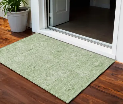 3' X 5' Artichoke Green And Ivory Damask Washable Indoor Outdoor Area Rug