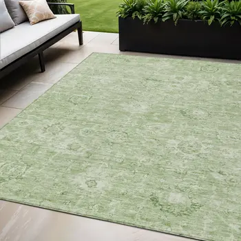 5' X 8' Artichoke Green And Ivory Damask Washable Indoor Outdoor Area Rug