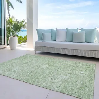5' X 8' Artichoke Green And Ivory Damask Washable Indoor Outdoor Area Rug