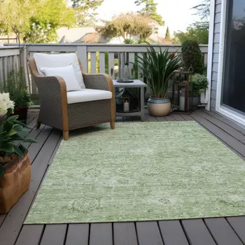 9' X 12' Artichoke Green And Ivory Damask Washable Indoor Outdoor Area Rug