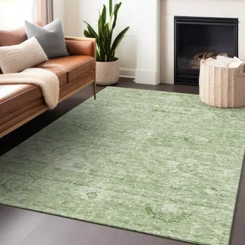 10' X 14' Artichoke Green And Ivory Damask Washable Indoor Outdoor Area Rug