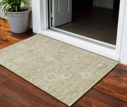 3' X 5' Beige And Brown Damask Washable Indoor Outdoor Area Rug