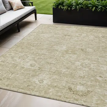5' X 8' Beige And Brown Damask Washable Indoor Outdoor Area Rug