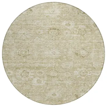 8' Beige And Brown Round Damask Washable Indoor Outdoor Area Rug