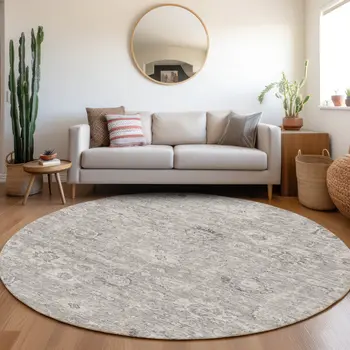 8' Gray And Silver Round Damask Washable Indoor Outdoor Area Rug