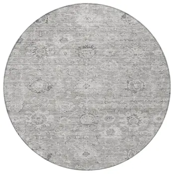 8' Gray And Silver Round Damask Washable Indoor Outdoor Area Rug
