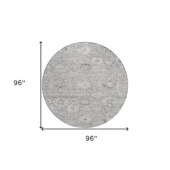8' Gray And Silver Round Damask Washable Indoor Outdoor Area Rug