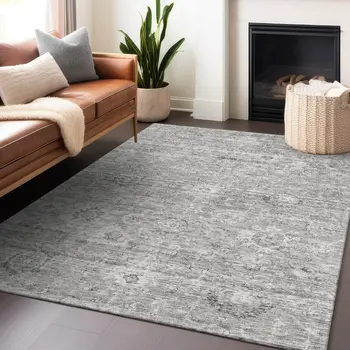 8' X 10' Gray And Silver Damask Washable Indoor Outdoor Area Rug