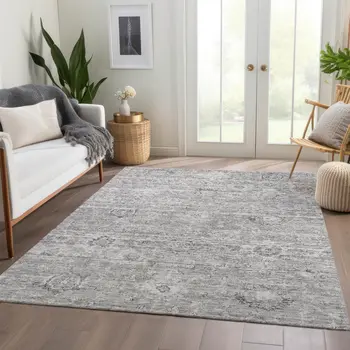 8' X 10' Gray And Silver Damask Washable Indoor Outdoor Area Rug