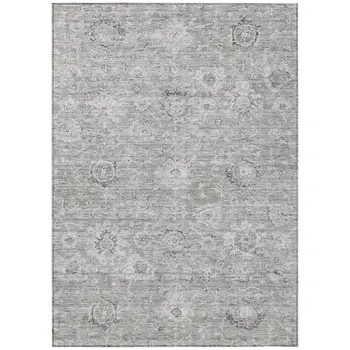9' X 12' Gray And Silver Damask Washable Indoor Outdoor Area Rug