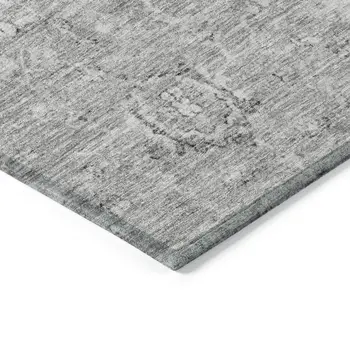 9' X 12' Gray And Silver Damask Washable Indoor Outdoor Area Rug