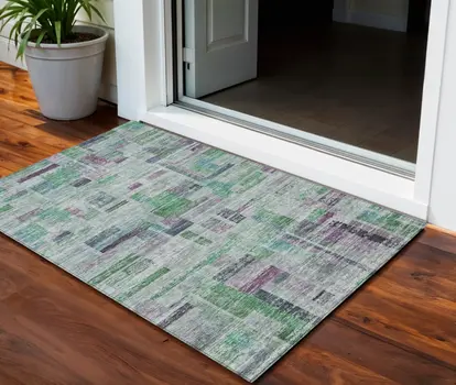 3' X 5' Artichoke Green Charcoal And Purple Striped Washable Indoor Outdoor Area Rug