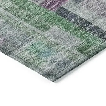 3' X 5' Artichoke Green Charcoal And Purple Striped Washable Indoor Outdoor Area Rug