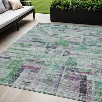 5' X 8' Artichoke Green Charcoal And Purple Striped Washable Indoor Outdoor Area Rug