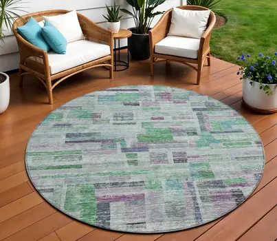 8' Artichoke Green Charcoal And Purple Round Striped Washable Indoor Outdoor Area Rug
