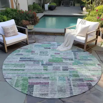 8' Artichoke Green Charcoal And Purple Round Striped Washable Indoor Outdoor Area Rug