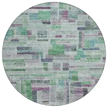 8' Artichoke Green Charcoal And Purple Round Striped Washable Indoor Outdoor Area Rug